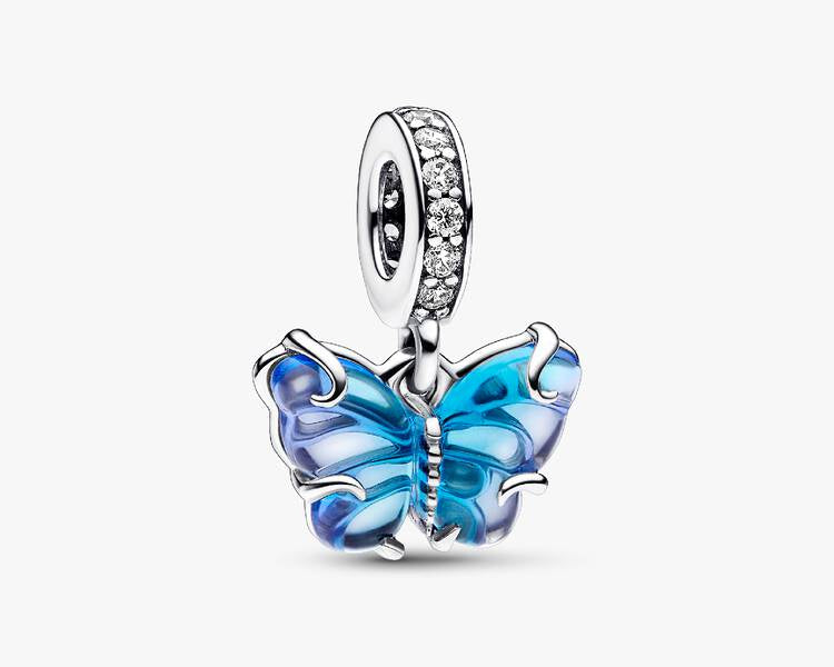 PANDORA - Charm Pendentif Papillon en Verre de Murano Bleu - Argent Massif