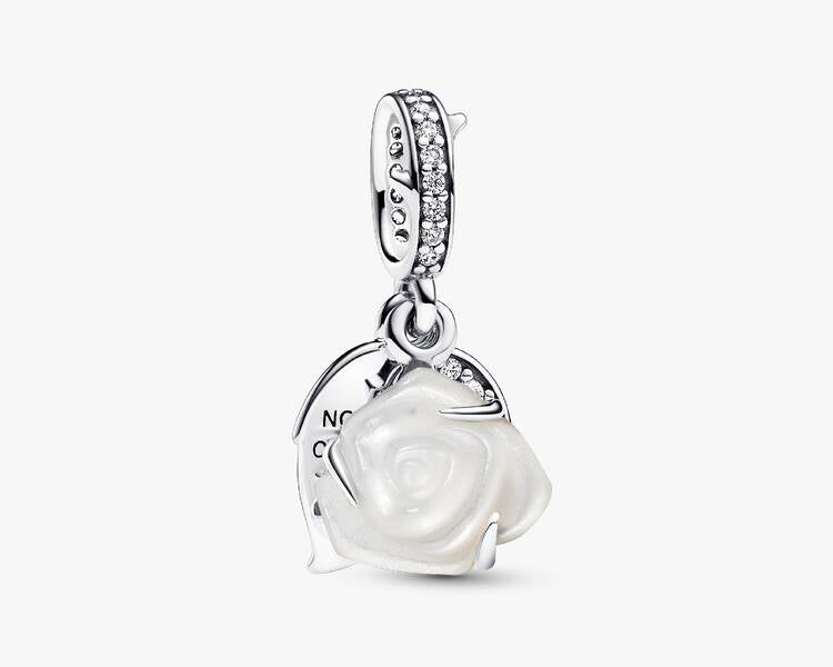 PANDORA - Charm Pendentif Double Rose Blanche en Fleur - Argent Massif