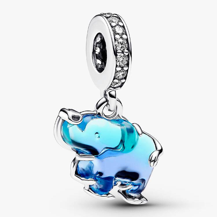 PANDORA - Charm Pendentif Éléphant en Verre de Murano Bleu - Argent Massif